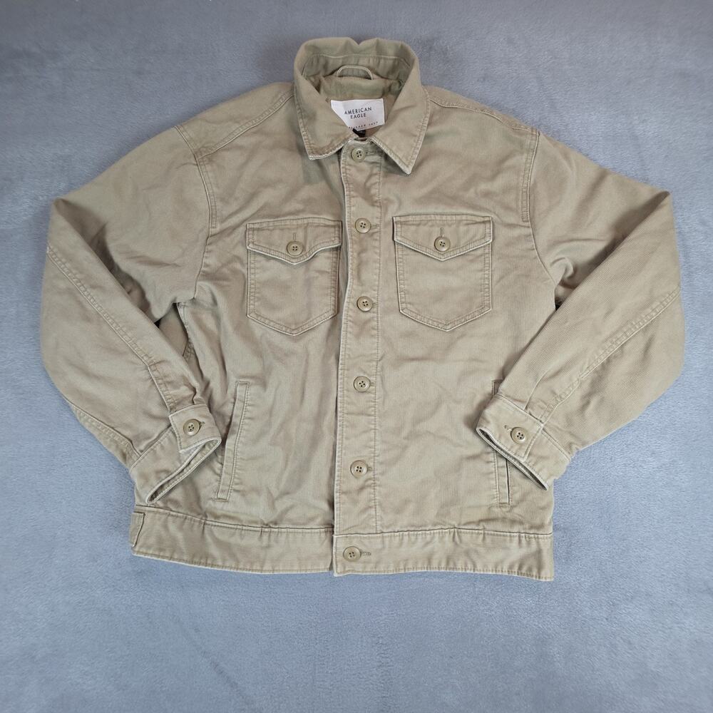 American Eagle Utility Jacket Men Small Beige Tan Cotton Button Front Workwear